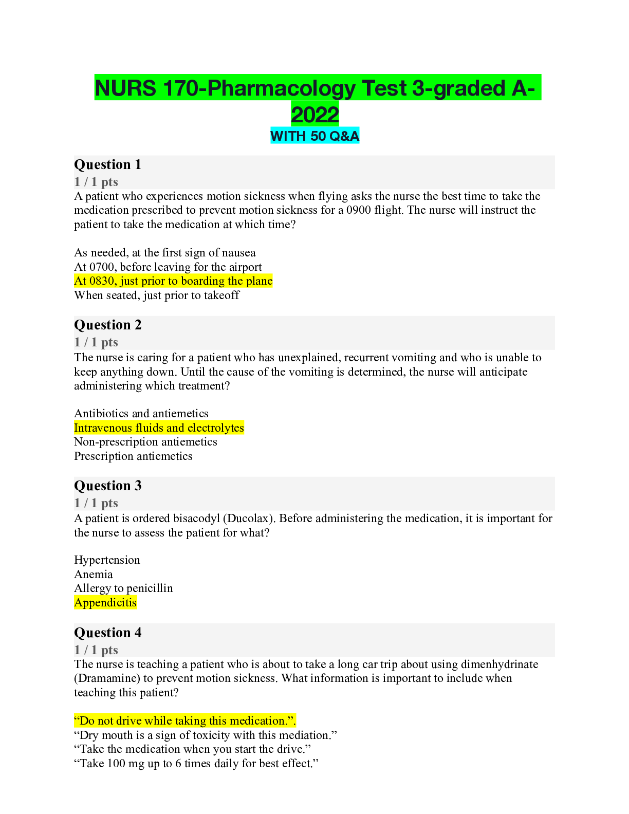 Recommended document preview for NURS 170-Pharmacology Test 3-graded A- 2022